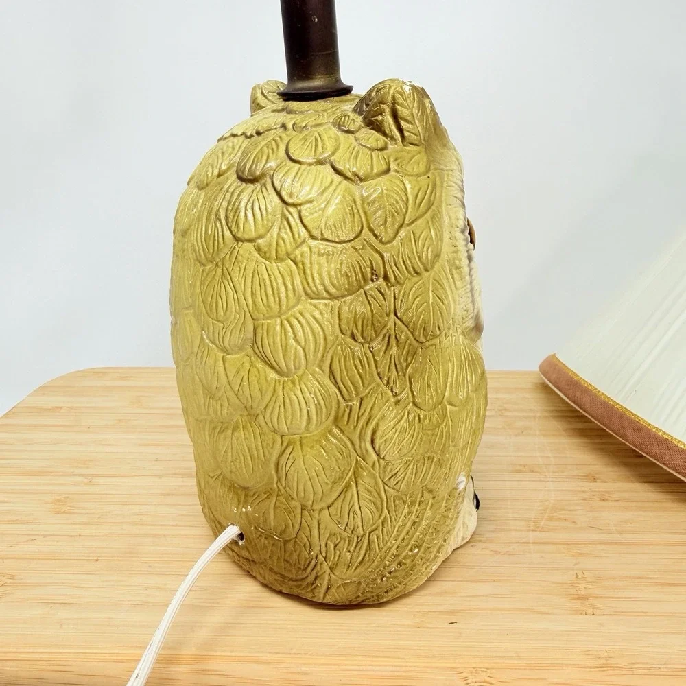 VTG MCM Textured Chalkware Figural Owl 3D Rustic Table Lamp Works Eyes 14